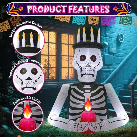 6FT Day of The Dead Skeleton Halloween Blow Inflatable Decoration with LED Light - Picture 7 of 9